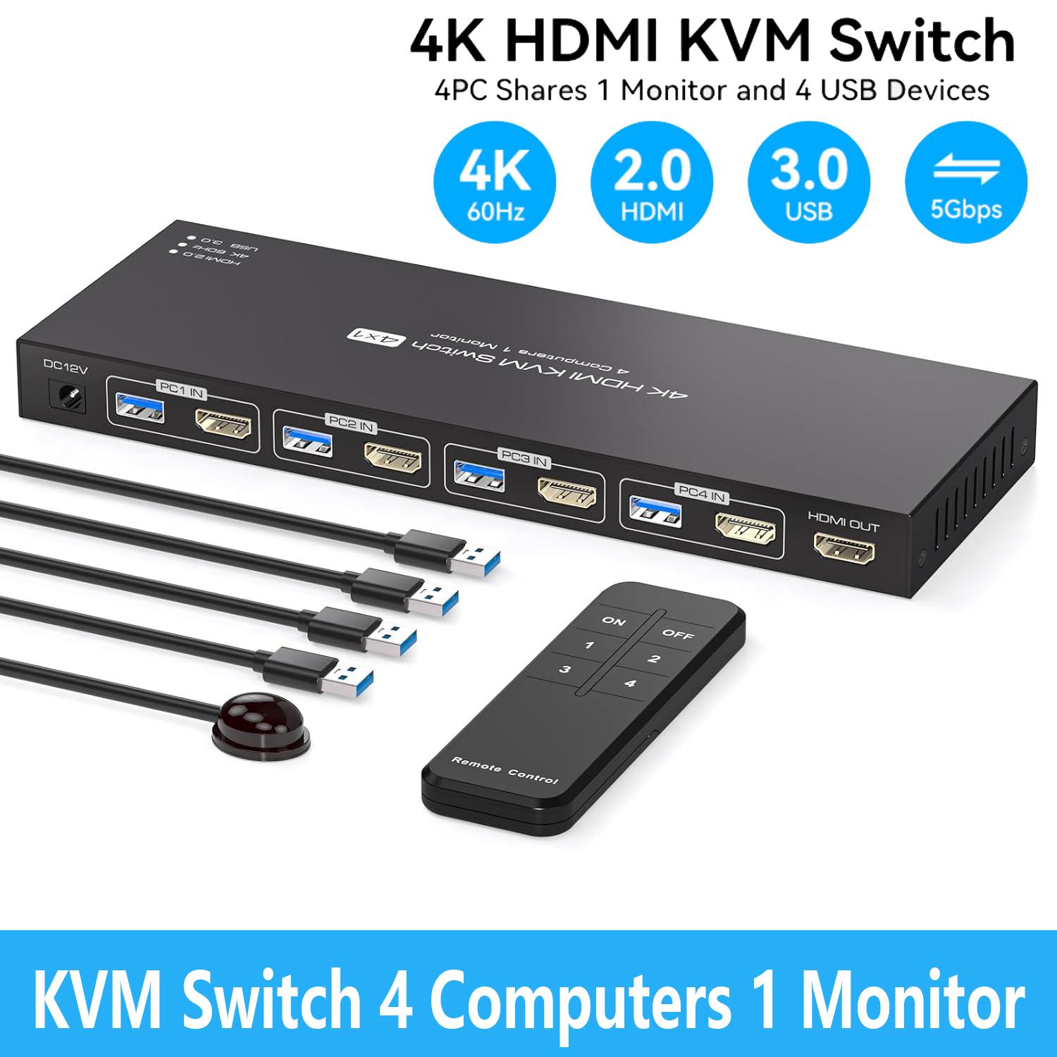 IHDAPP 4 Port HDMI KVM Switch for 1 Monitors 4 Computers 4K@60Hz, HDMI USB 3.0 KVM Switches, KVM Switch HDMI 4 in 1 Out for 4 PCs Sharing 1 Monitor and 4 USB 3.0 Devices with IR Remote Control