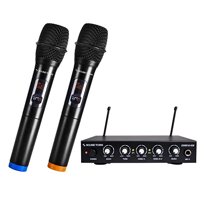 UHF 16 Channels Karaoke Wireless Microphone System with Metal Mixer 2 Handheld Microphones for Church School Wedding Meeting Karaoke SWM16KM