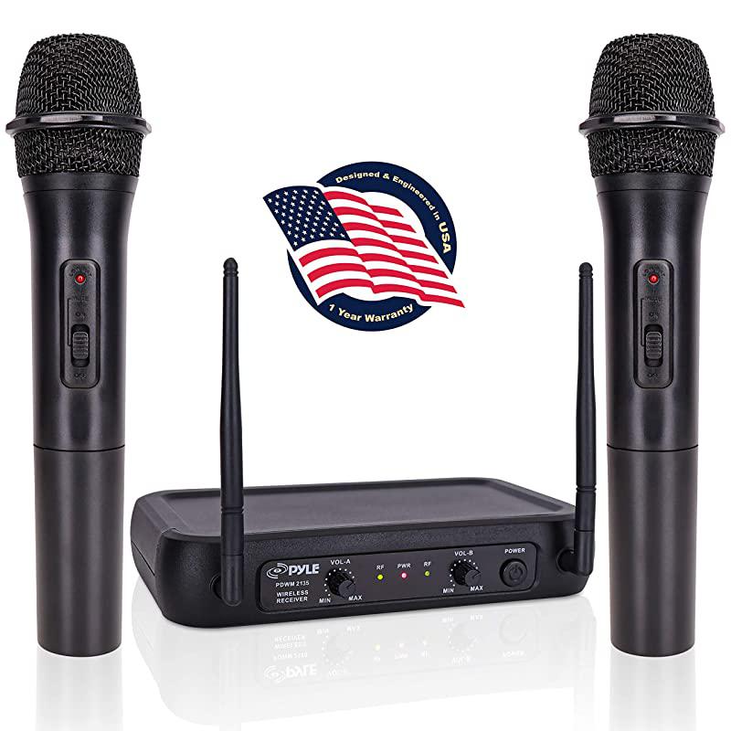 Channel Microphone SystemVHF Fixed Dual Frequency Wireless Set with 2 Handheld Dynamic Transmitter Mics Receiver Basefor PA Karaoke Dj Party PDWM2135