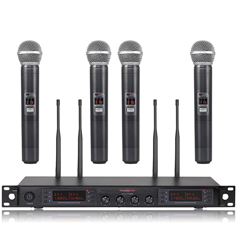 Wireless Microphone System  Quad Channel Cordless Mic Set with Metal Handheld Mics 4×40 Channels Auto Scan Long Distance 328ft Ideal for DJ Church Outdoor Events PTU7000A