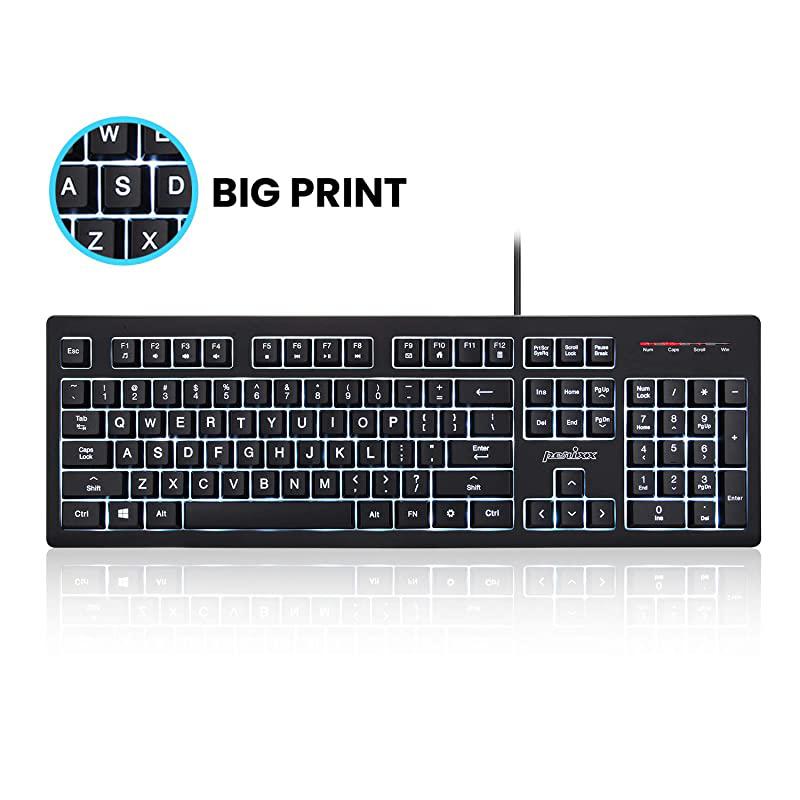PERIBOARD329 Wired USB Backlit Keyboard Big Print Letter with 7Color Illuminated LED X Type High Scissor Keys Black US English Layout 11663