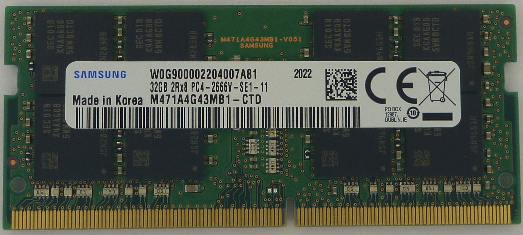 Samsung 32GB DDR4 2666MHz PC4-21300 1.2V 2Rx8 260-Pin SODIMM Laptop RAM Memory Module M471A4G43MB1-CTD