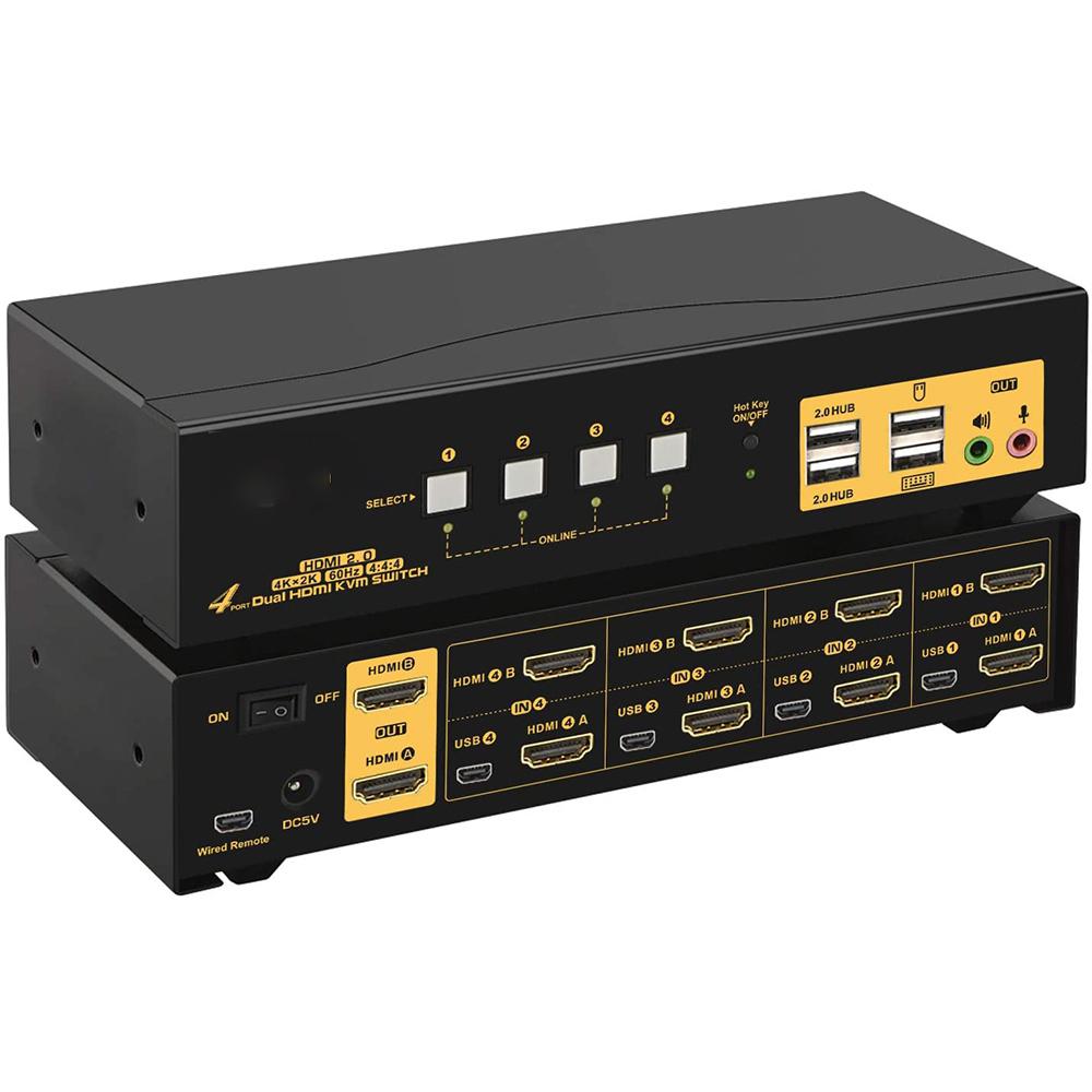 4 Port KVM Switch Dual Monitor HDMI 4K 60Hz, HDMI KVM Switch for 4 Computers 2 Monitors with USB 2.0 HUB and Cables
