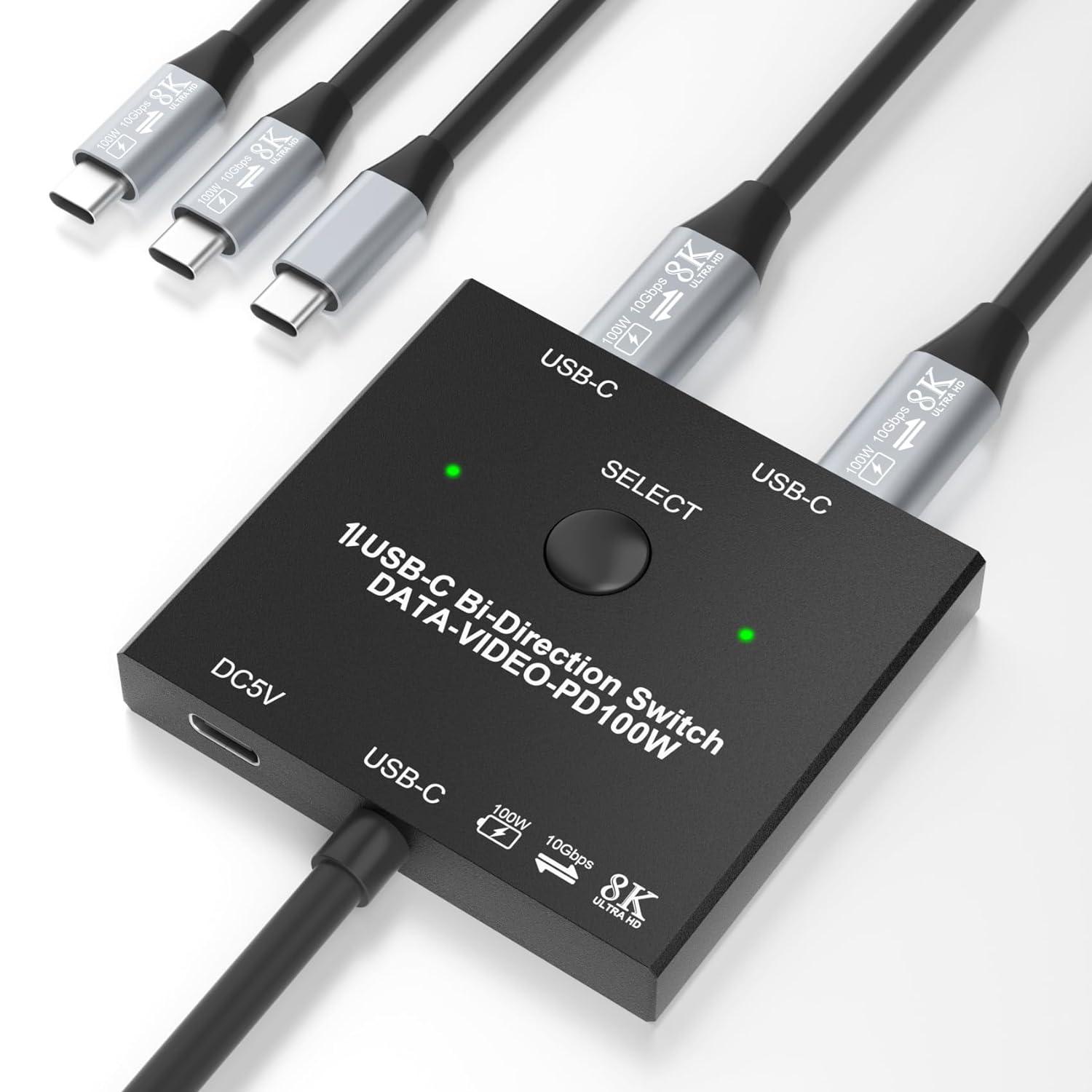 2 Port USB C Switch, Bi-Directional [2 in 1 Out / 1 in 2 Out] USB C Switcher 2 Computers, USB C KVM Switch Support 8K @60Hz/4K@120Hz Video/10Gbps Data Transfer/100W Charging, with 2 USB-C Cables