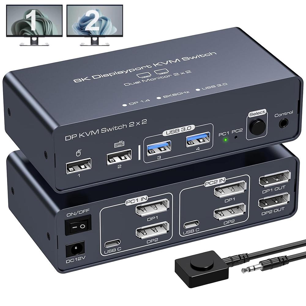 2 Port Dual Monitor DisplayPort KVM Switch 2 in 2 Out, 8K60Hz 4K120Hz Displayport KVM Switch for 2 Monitors 2 Computers Shared 4 USB Device Support DP1.4 With USB3.0 to USB C Cable — Aluminium