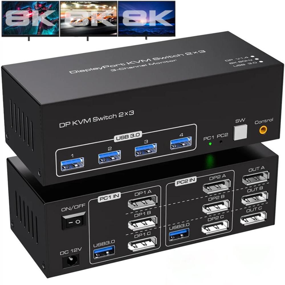 8K Displayport USB 3.0 KVM Switch 3 Monitors 2 Computers, DP1.4 Triple Monitor Displayport KVM Switch with 4 USB 3.0 Ports, 8K@60Hz 4K@144Hz DP KVM Triple Monitor Keyboard Mouse Switcher