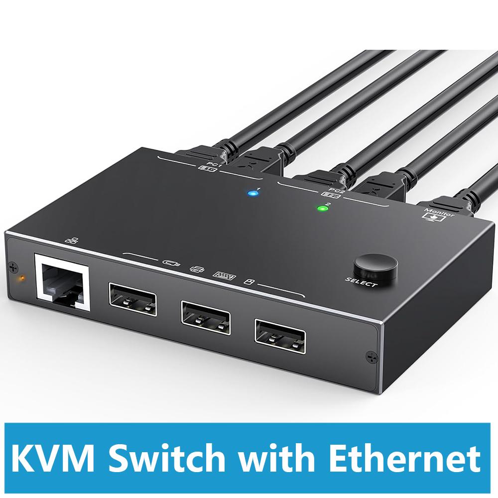 2 Port HDMI KVM Switch with Ethernet, HDMI KVM Switch 2 in 1 Out 4K@60Hz, HDMI KVM Switches for 2 Computers Share 1 Monitor and 3 USB Devices Keyboard Mouse, Ethernet Network KVM Switcher