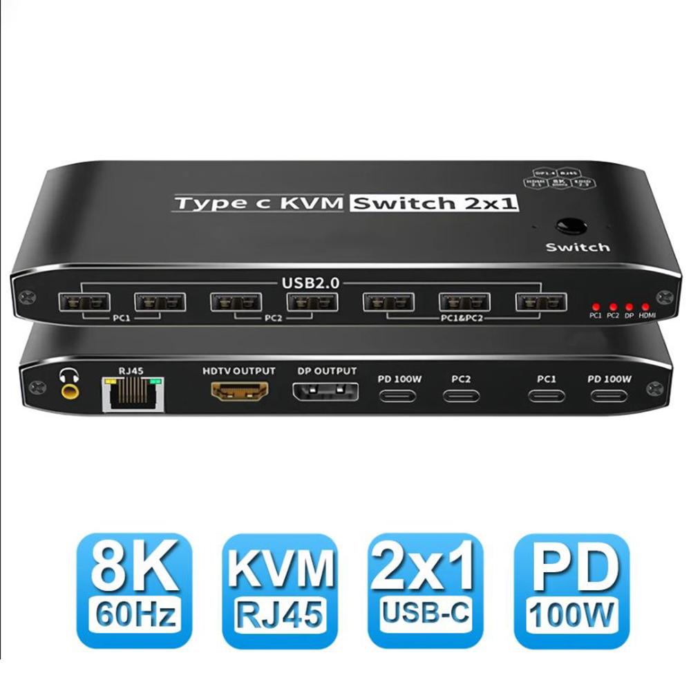 2×1 Type C KVM Switch, 8K Thunderbolt 4 USB C KVM Switch with Ethernet Port RJ45 100W PD Charge 4K 144Hz Type C KVM Switch Switcher for 2 Computer 1 Monitor