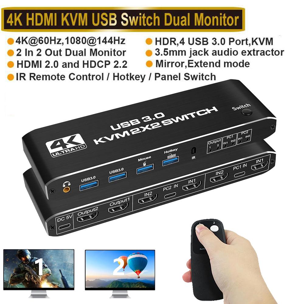4K@60Hz HDMI KVM Switch 2 in 2 Out, 2 Port Dual Monitor HDMI KVM Switch for 2 Computers 2 Monitors, USB 3.0 PC Computer KVM Switch Keyboard Mouse Switcher Box for Laptop,PS4,Xbox (with Audio)