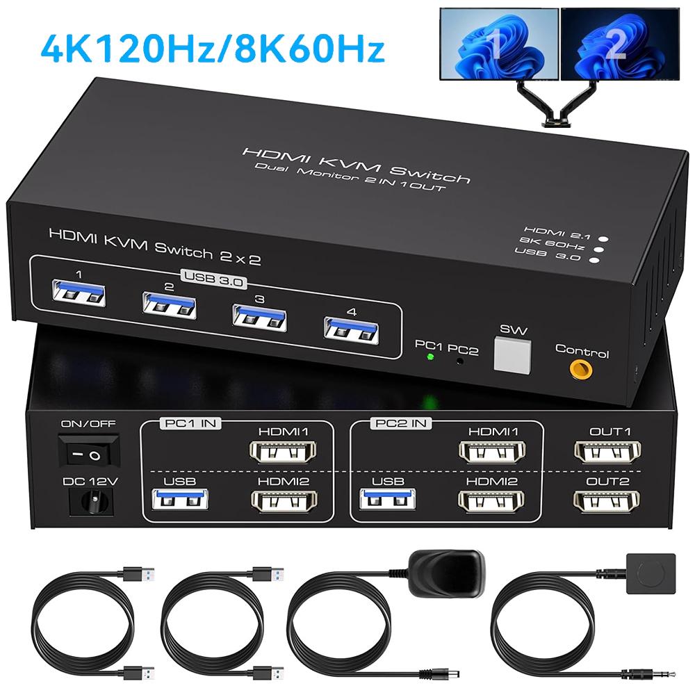 8K@60Hz HDMI Dual Monitor KVM Switch 2 Monitors 2 Computers 4K@120Hz, USB 3.0 Extended Display KVM switcher with 4 USB 3.0 Ports, HDMI KVM Switch Wired Controller 12V DC Adapter 2 USB Cables Included