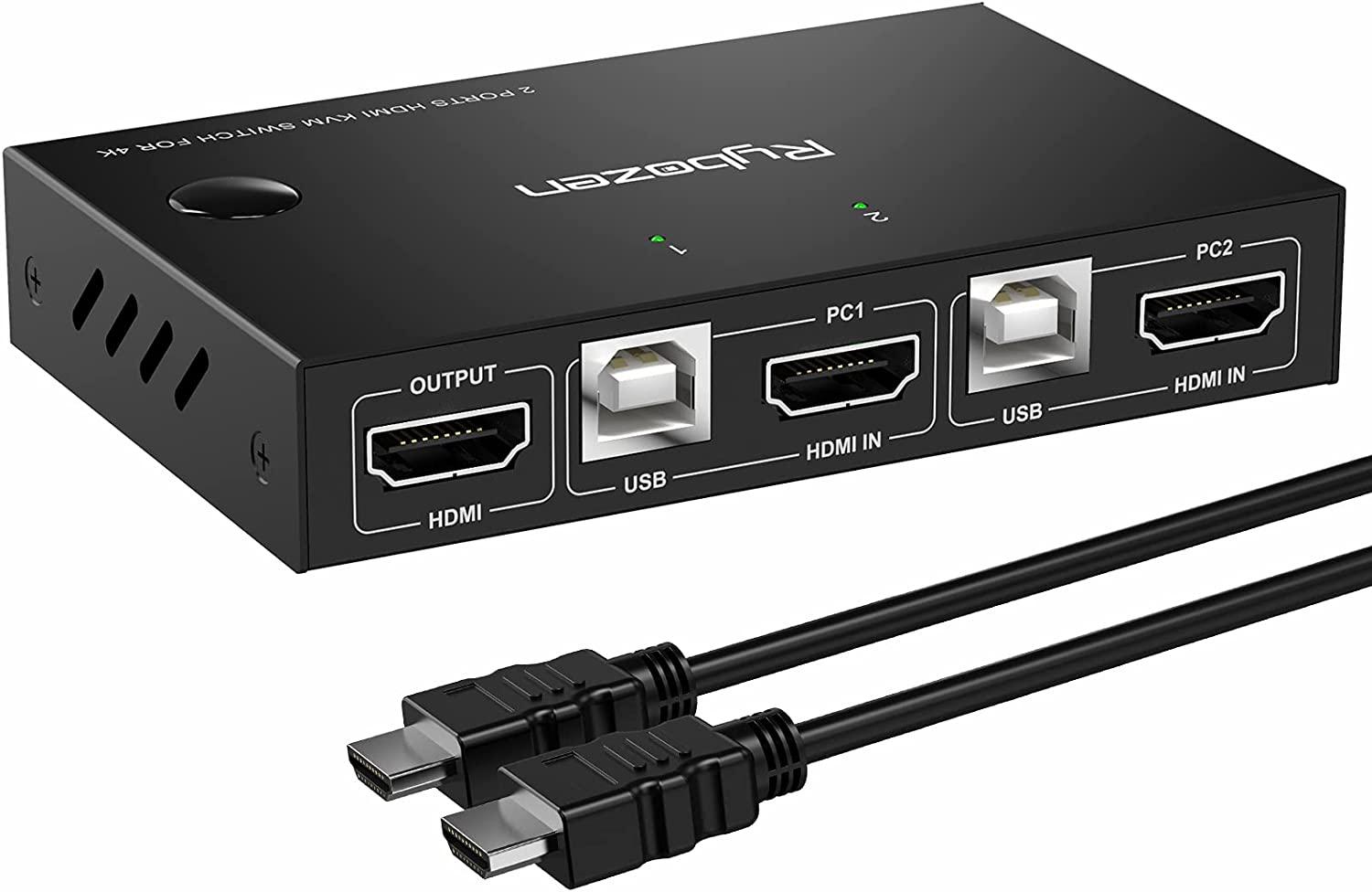 2 Ports KVM Switch HDMI, USB HDMI Switches for 2 Computers Share Wireless Keyboard Mouse and HD Monitor, Support Hotkey Switch and One Button Swapping, HD 4K (3840×2160)