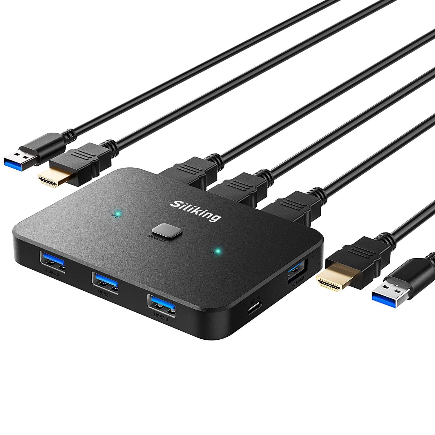 4K@60Hz HDMI KVM Switch USB Selector for 2 Computers Share one Monitor and 4 USB 3.0 Ports, Keyboard Mouse Printer, External Hard Drives, 2 USB Cable and 2 HDMI Cable Included