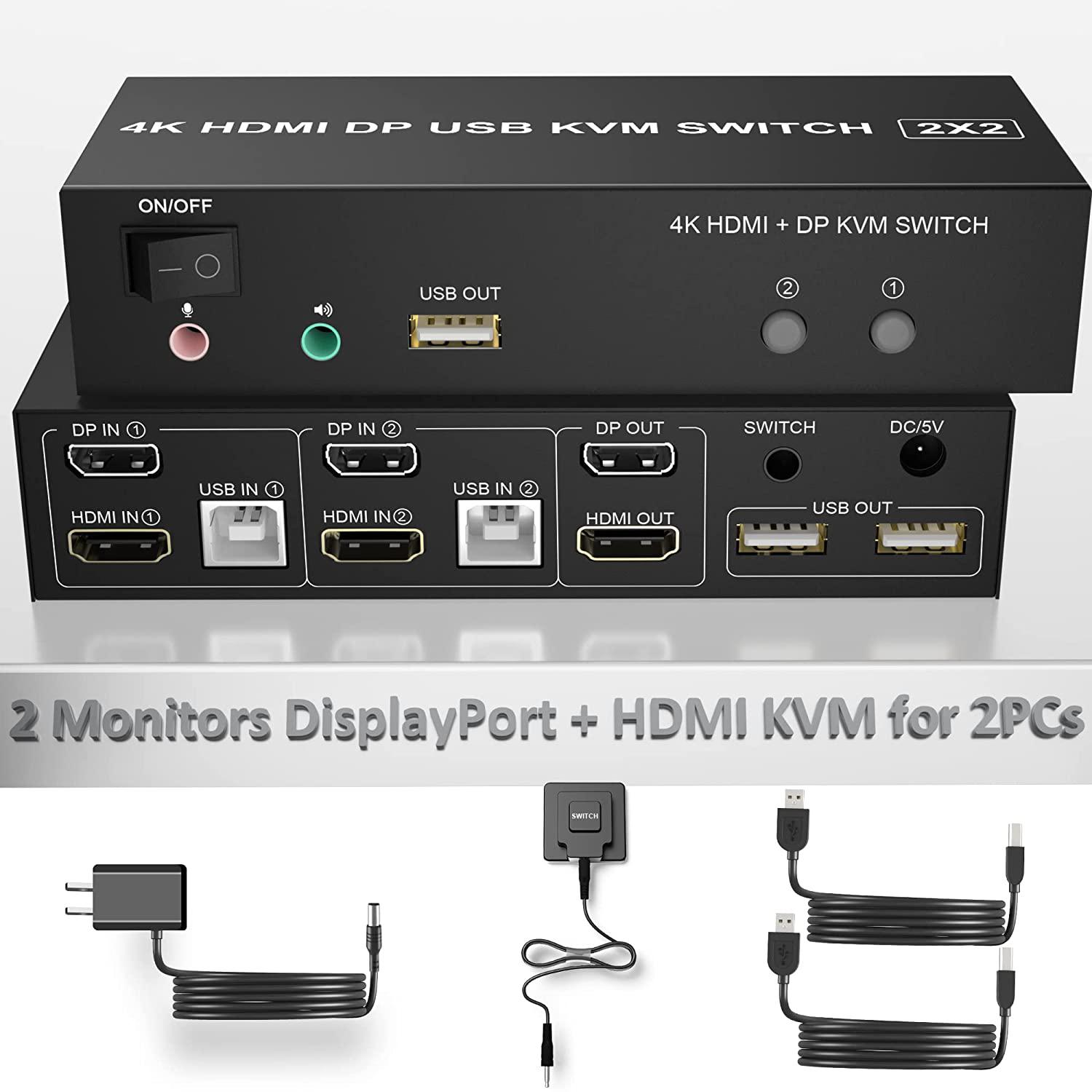 DisplayPort HDMI Dual Monitor KVM Switch 4K@60Hz 2 in 2 Out Displayport and HDMI KVM Switch 2 Computers Share 2 Monitors and one Set of Keyboard, Mouse, 2xUSB Cables and 1xController