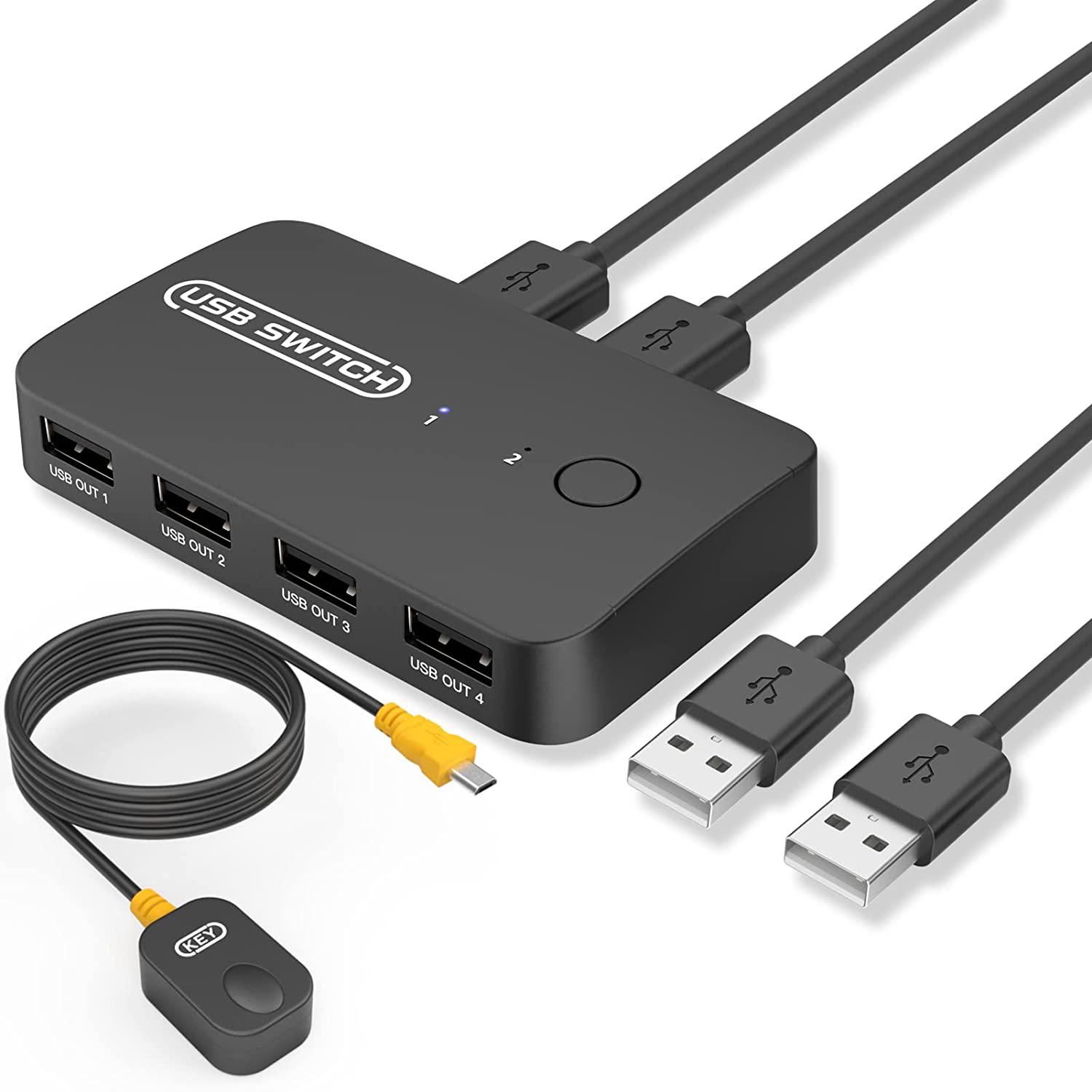 USB 2.0 Switch Selector for 2 Computers & Sharing 4 USB Devices with Remote Button Switch, KVM Switch Hub Adapter for Mouse, Keyboard, Scanner, Printer