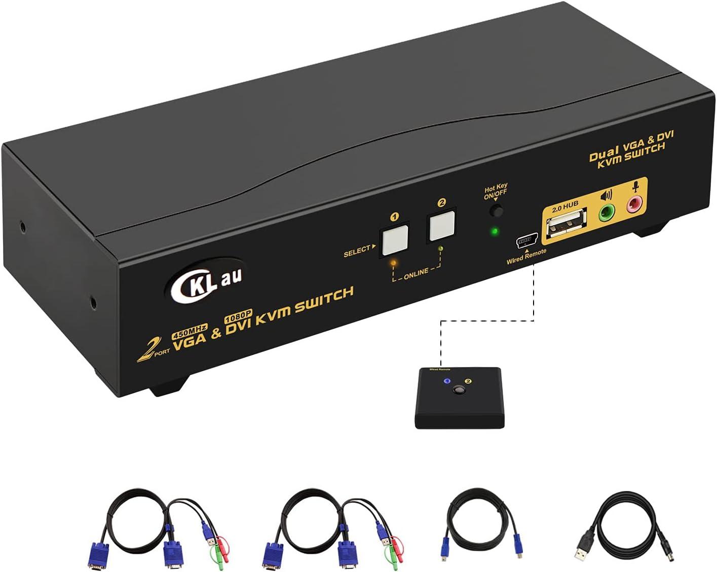 CKLau 2 Port Dual Monitor KVM DVI + VGA Extended Display with Audio, Microphone, USB 2.0 Hub and Cables
