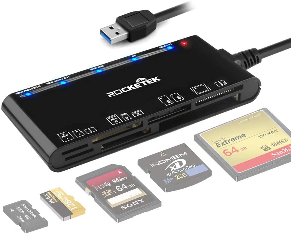 Card Reader USB 3.0, Rocketek 7 in 1 Memory Card Reader, USB 3.0 (5Gps) High Speed CF/SD/TF/XD/MS/Micro SD Card Solt All in one Card Reader for Windows XP/Vista/Mac OS/Linux,etc