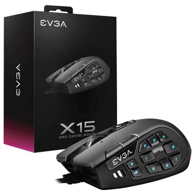 EVGA X15 MMO Gaming Mouse, 8k, Wired, Black, Customizable, 16,000 DPI, 5 Profiles, 20 Buttons, Ergonomic 904-W1-15BK-KR