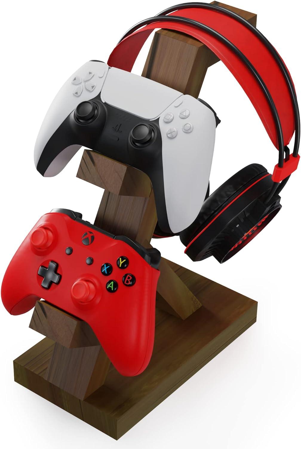 PAP Products Wooden Controller Stand with Headphone Holder, Game Controller Holder, Video Game Controller Holder, Controller Holder for Desk, Controller & Headset Stand, Wooden Headphone Stand