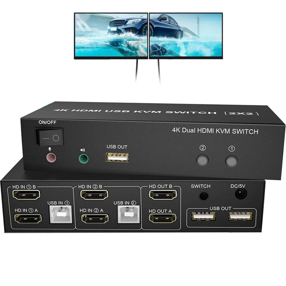 1pc Dual Monitor HDMI KVM Switch 4K 60Hz 2 Port USB HDMI 2.0 KVM Switcher 2 in 2 out Mixed Display 2 Monitors 2 Computer PC laptop(2X1)