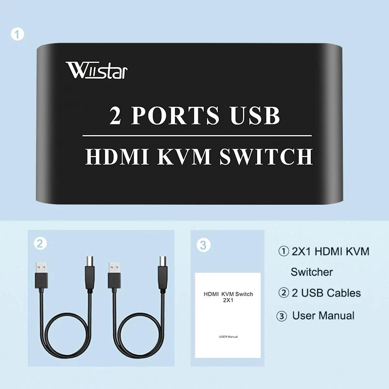2X1 HDM KVM Switch Box Selector HDMI Switch 2 In 1 Out Sharing USB 2.0 monitor mouse keyboard for 2 Computer Laptops PCs(with kvm 2 cable)
