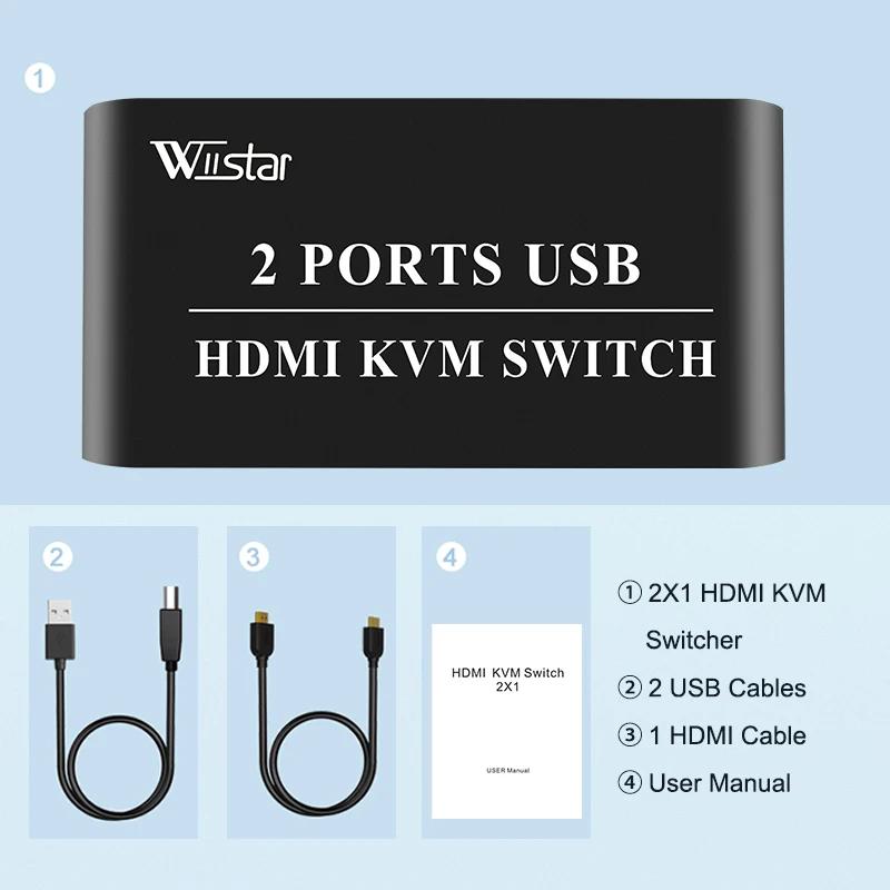 2X1 HDM KVM Switch Box Selector HDMI Switch 2 In 1 Out Sharing USB 2.0 monitor mouse keyboard for 2 Computer Laptops PCs(with kvm 3 cable)