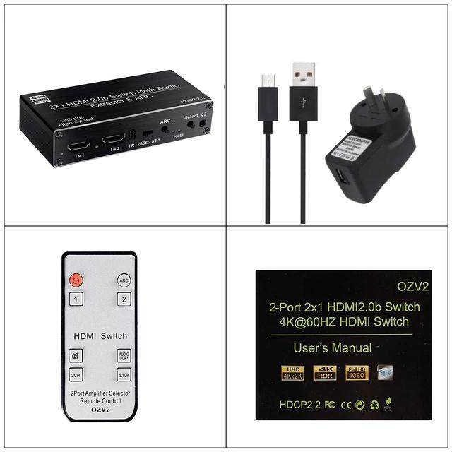 4K HDMI Switcher Audio Extractor 2 in 1 Out Selector with R/L+Toslink SPDIF+COAXIAL Audio out HDMI ARC Audio Switch 2×1 Adapter(AU power supply)