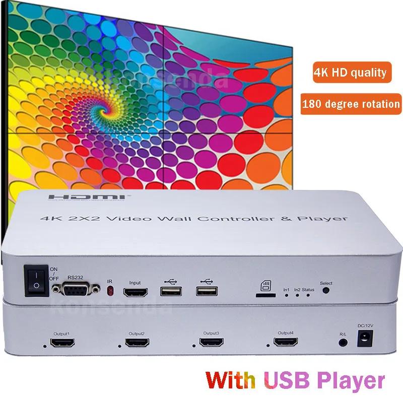 4K 2X2 HDMI Video Wall Controller with Media Player 2×2 TV Splicer Large Screen Splicing Processor U Disk Player Mouse Keyboard