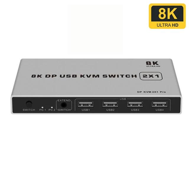 8K Dual-port DP USB KVM 2×1 Displayport KVM Switch 2 in 1 out 4K 60Hz 2-Port DP 1.4 USB KVM Switch Support Mouse Keyboad Printer(USB Power cable)
(8K)