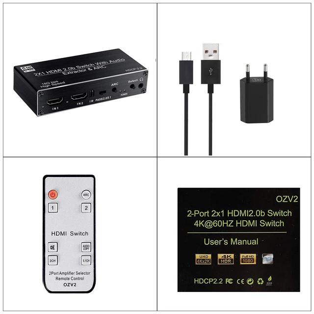 2×1 HDMI Switch Audio Extractor 4K 60Hz 5.1CH HDMI ARC Switcher with Optical SPDIF+Coaxial+R/L Stereo Audio Out HDCP 2.2 for PS5(EU power supply)