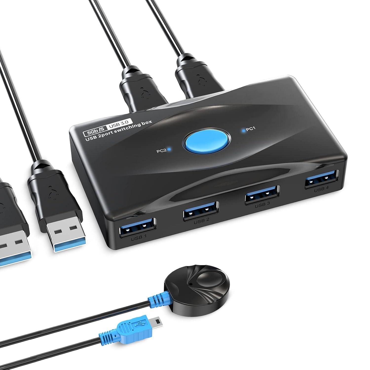 Yinker USB 3.0 Switch Selector for 2 Computers Sharing 4 USB Devices, 5Gbps High-Speed USB KVM Switcher Box for PC Laptop Mouse Keyboard Printer Scanner(Included 2-Pack USB3.0 Cable)