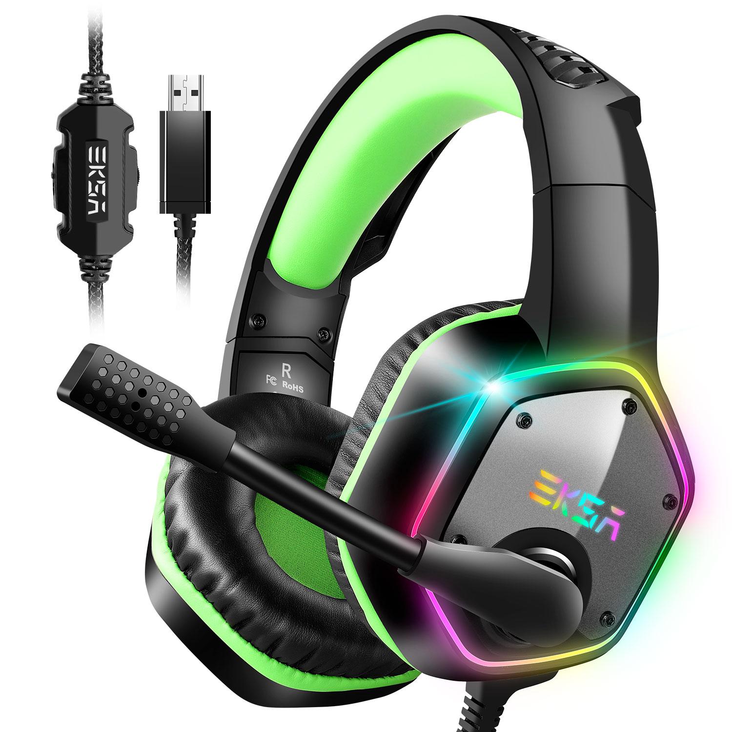EKSA Gaming Headset with 7.1 Surround Sound Stereo, PS4 USB Headphones with Noise Canceling Mic & RGB Light, Compatible with PC, PS4, Laptop (Green)