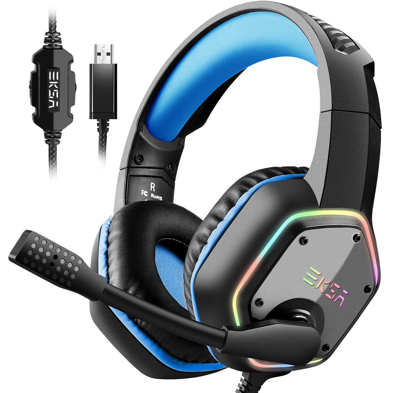EKSA E1000 USB Gaming Headset for PC, Computer Headphones with Microphone/Mic Noise Cancelling, 7.1 Surround Sound, RGB Light — Wired Headphones for PS4, PS5 Console, Laptop, Call Center