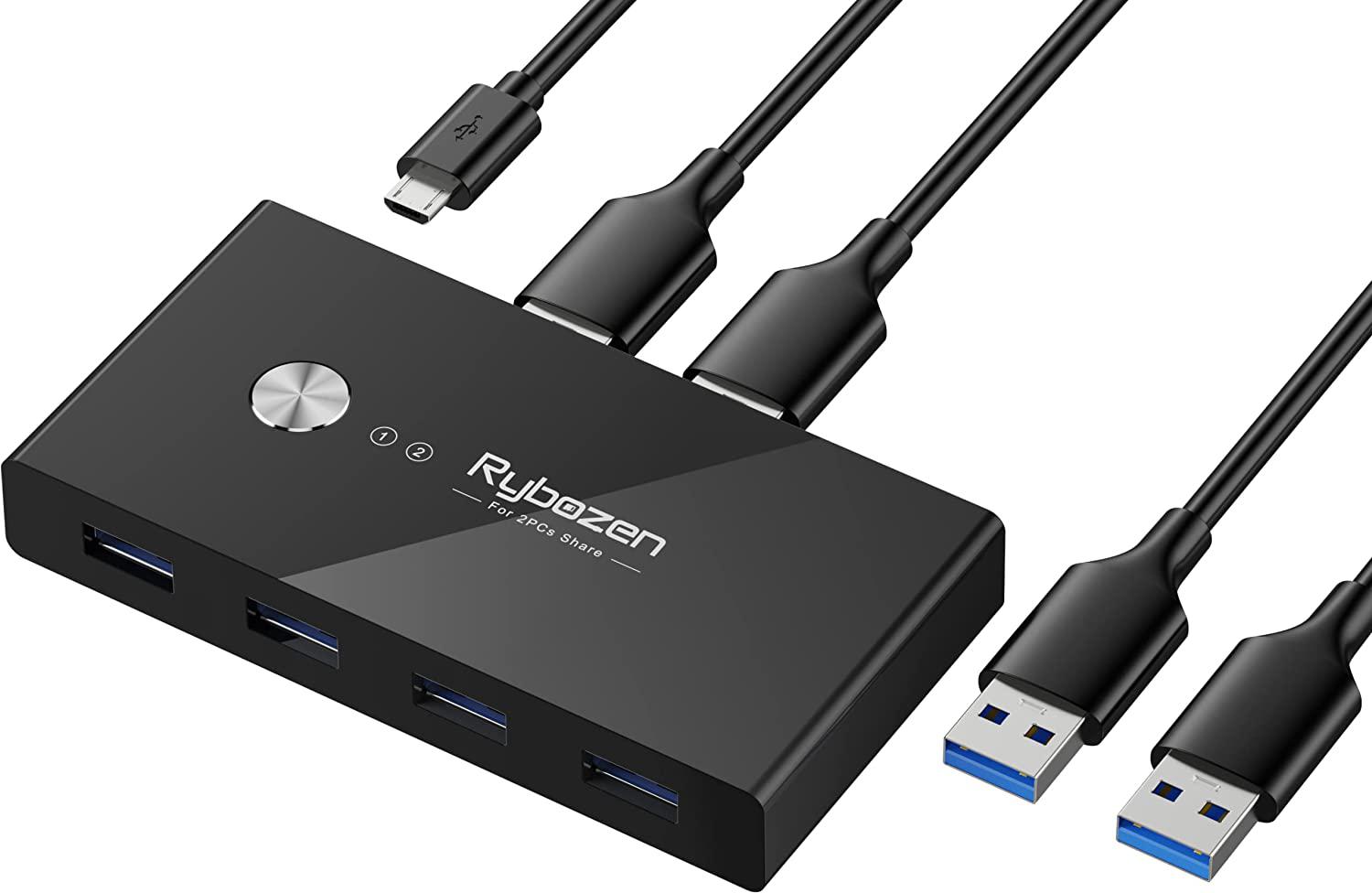 USB 3.0 Switch Selector, KM Switch Adapter 4 Port 2 Computers, USB Peripheral Switcher Box Hub for Mouse Keyboard Scanner Printer PC, with One Button Swapping and 2 Pack USB Cable