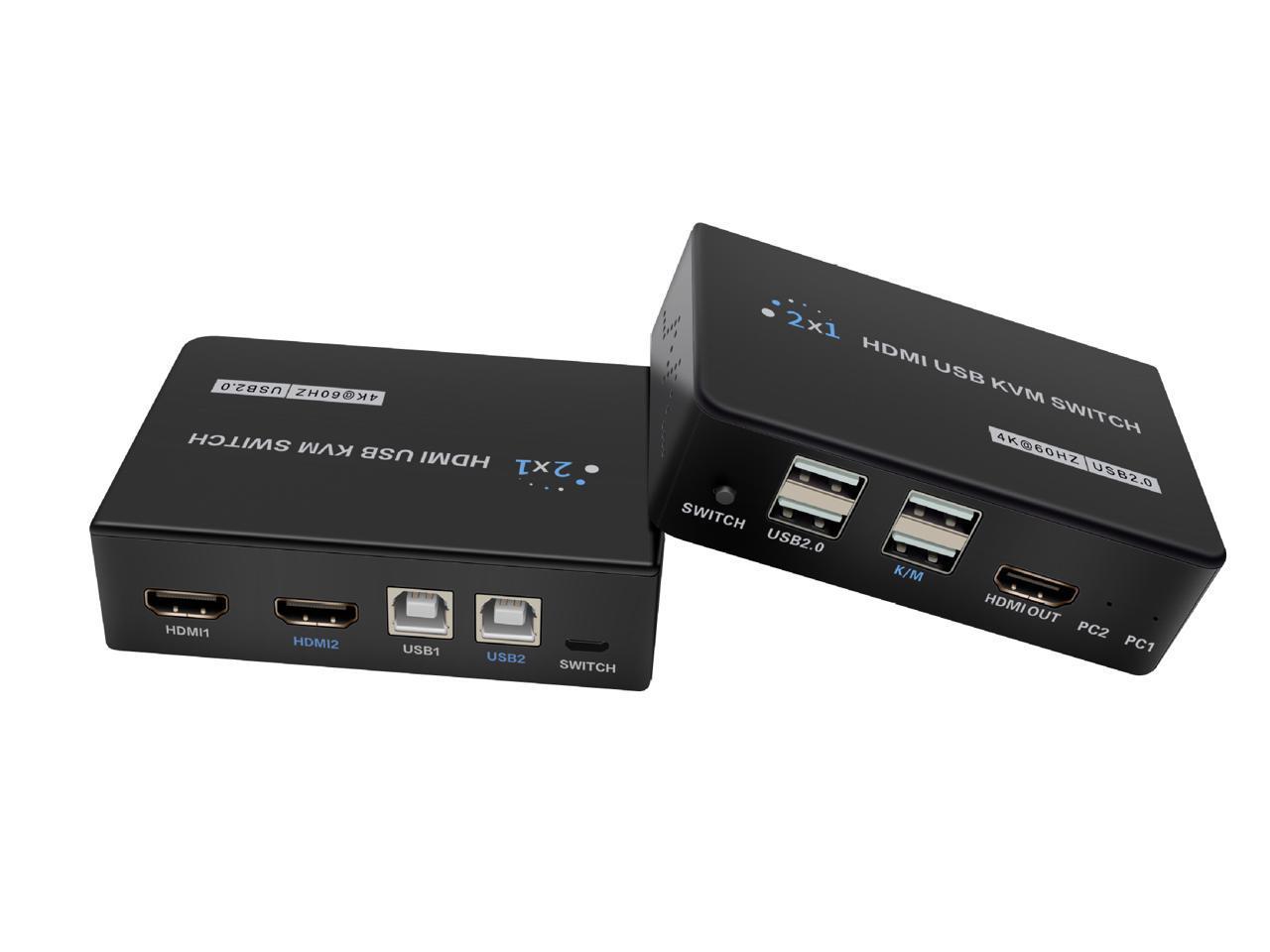 HDMI 2.0 KVM Switch 2 In 1 Out HDMI USB Switch Adapter Switcher 4Kx2K@60Hz EDID Two Computer Hosts Sharing USB Device,Printer, Scanner,Keyboard,Mouse,HDMI Monitor Wire Control/Body Button