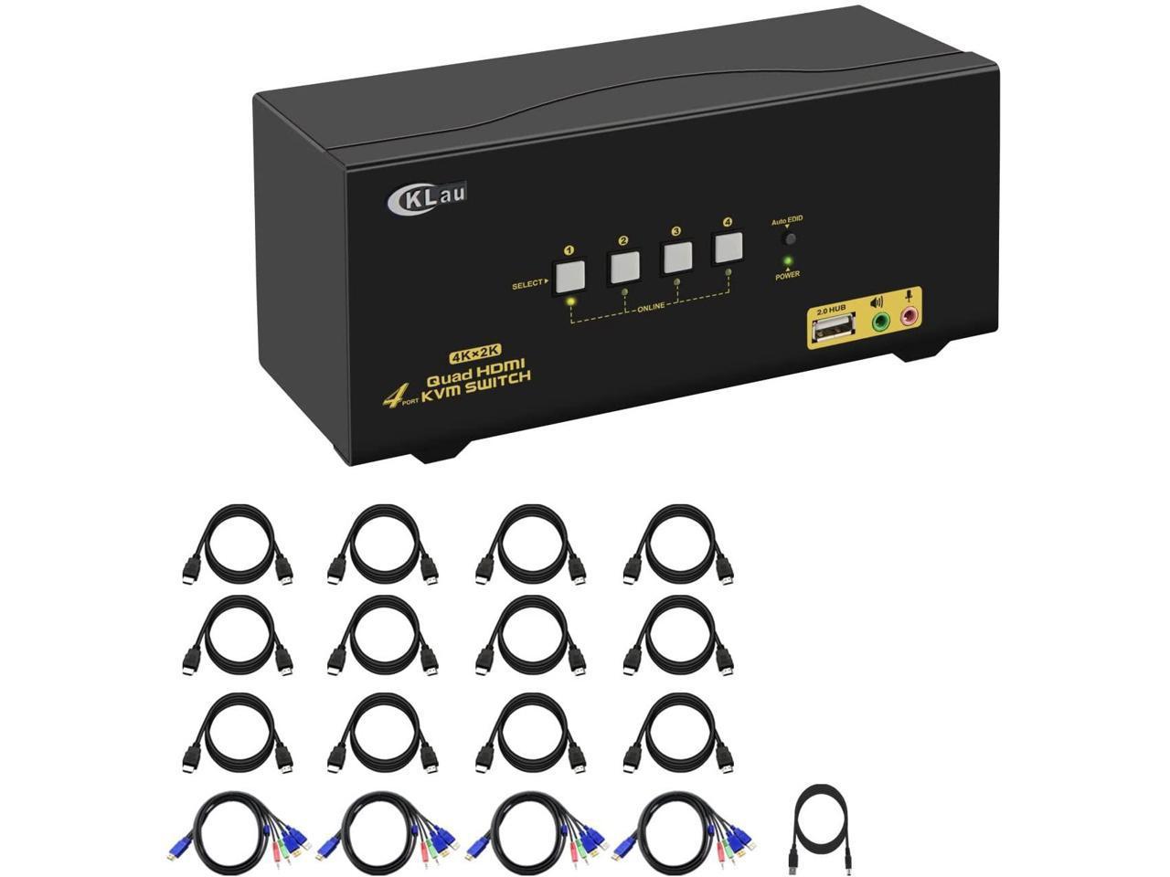 CKLau 4Kx2K@60Hz 4 Port Quad Monitor KVM HDMI Switch with Audio, Microphone, USB 2.0 Hub, Cables for 4 Computers Sharing Single Keyboard, Mouse and 4 Monitors Support HDMI 2.0, EDID