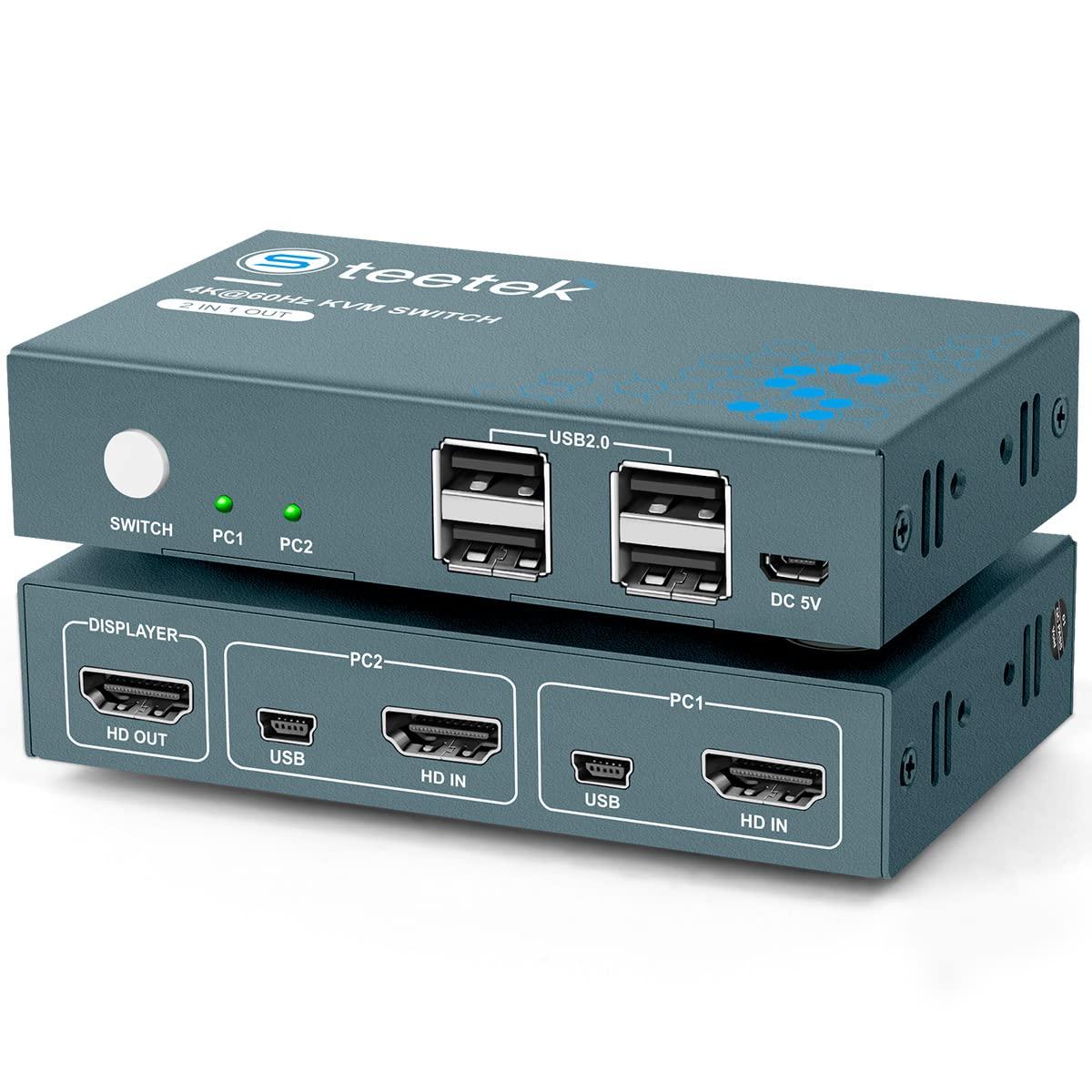 USB 2.0 KVM Switch 2 Port Box, UHD 4K@60Hz, USB HDMI KVM Switch for 2 Computers Share Keyboard Mouse Printer and 1 HD Monitor, 4 USB 2.0 Hub, Button Switch, with 2 USB and 1 HDMI Cables