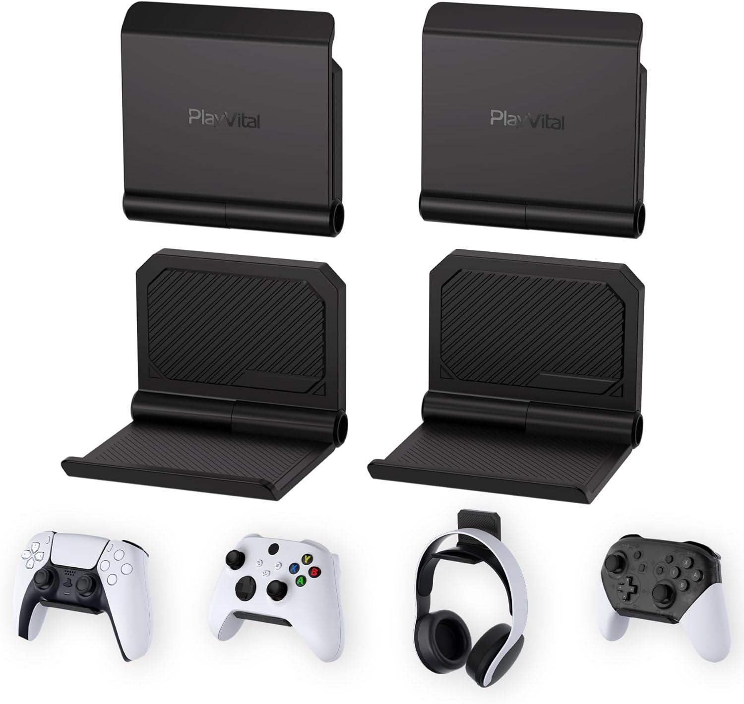 PlayVital 4 Set FOLD Controller Wall Mount for ps5/4, Gaming Headset Stand, Foldable Wall Stand for Xbox Series X/S, Switch Pro, Wall Holder for Xbox Wireless Headset, for Pulse 3D Headset — Black