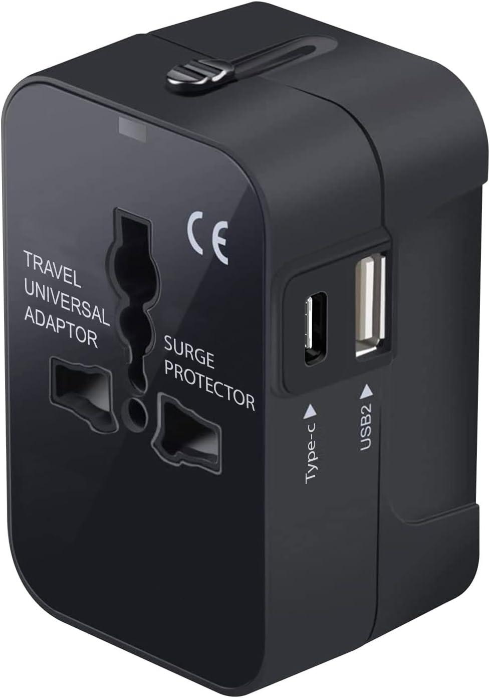 Portable Worldwide Universal Power Adapter Converter All in One International Wall Charger Plug for Wall Plug Input in USA EU UK France Italy Australia India Outlets (with USB-A and USB-C)