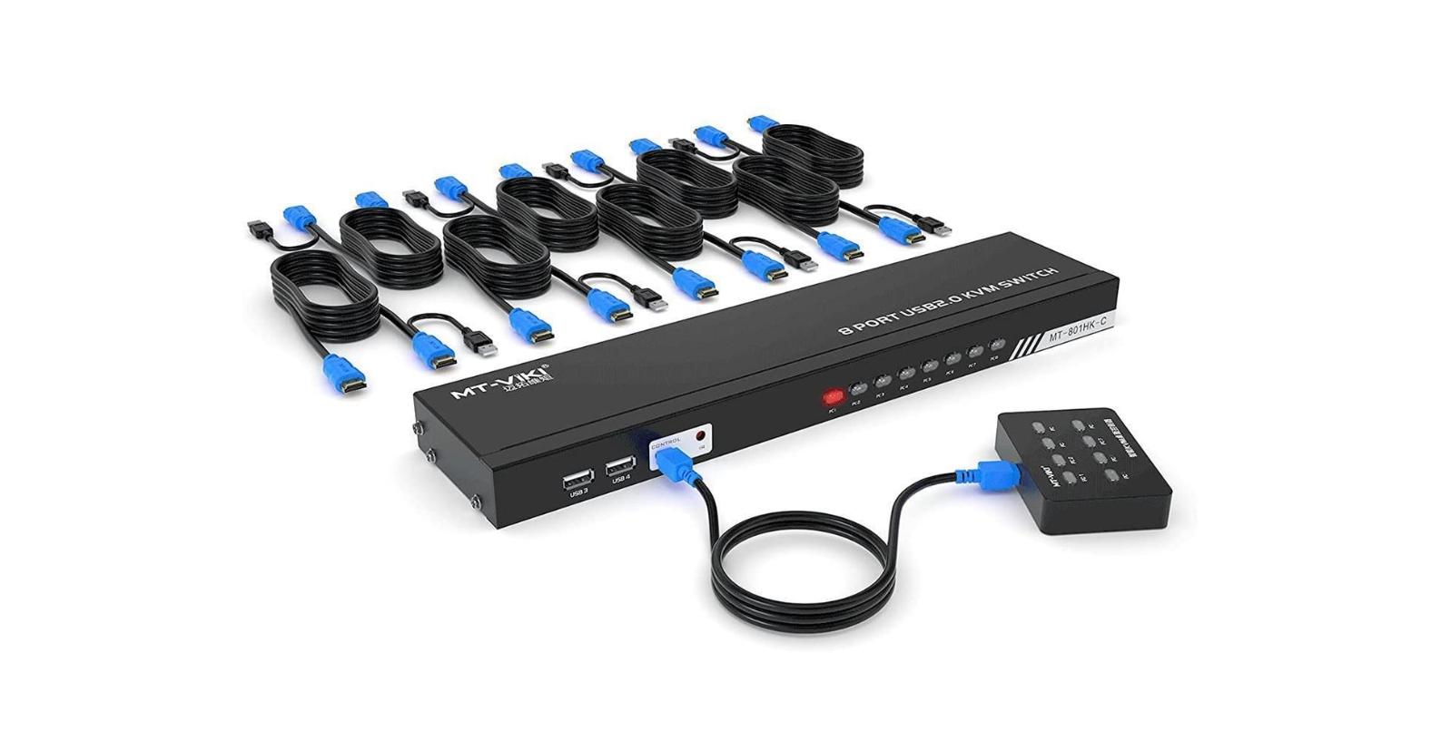 MT-VIKI 8 Ports KVM Switch HDMI, 4K @30Hz Rack Mount HDMI KVM Switch 8 in 1 Out w/KVM Cables & IR & Desktop Control & 4 USB 2.0 Hub