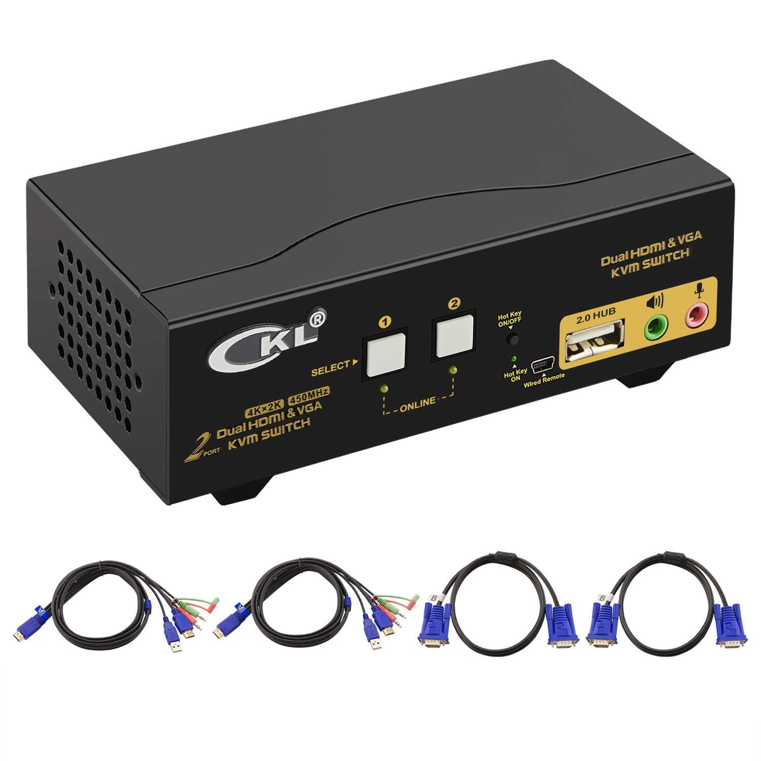 HDMI + VGA KVM Switch Dual Monitor Extended Display 2 Port with Audio and USB 2.0 HUB, CKL Dual View PC Monitor Keyboard Mouse Selector Box for Computers and Laptops