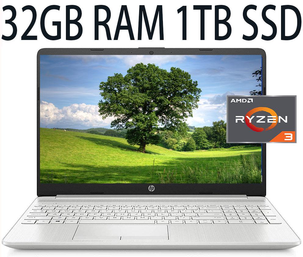 HP 15 Laptop, AMD Ryzen 3 3250U Dual-Core Processor, AMD Radeon Graphics, 32GB DDR4  1TB PCIe SSD, 15.6″ HD (1366×768) 60Hz Display, WiFi, USB, Bluetooth, HDMI, Webcam, Windows 11
