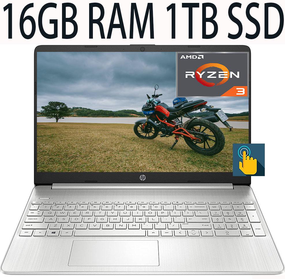 HP 15-inch Touchscreen Laptop, AMD Ryzen 3 3250U 2-Core, AMD Radeon Integrated Graphics,16GB DDR4  1TB PCIe SSD, 15.6″ HD (1366×768) 60Hz Touchscreen IPS Display, WiFi, Bluetooth, Windows 10