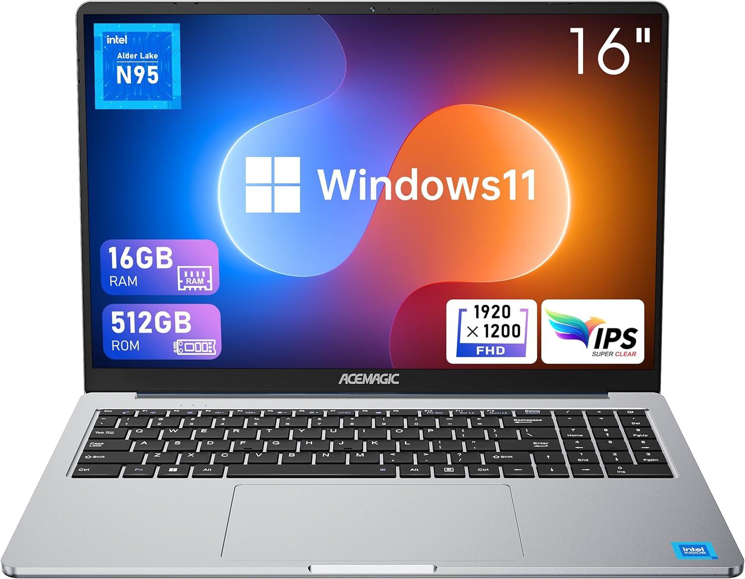 ACEMAGIC Laptop 16 inch FHD Display, 16GB RAM 512GB ROM with Intel 12th Gen Alder Lake N95(4C/4T, Up to 3.4GHz) Laptop Computer Support WiFi, BT5.0, 1MP Webcam, 3*USB3.2, Type-C