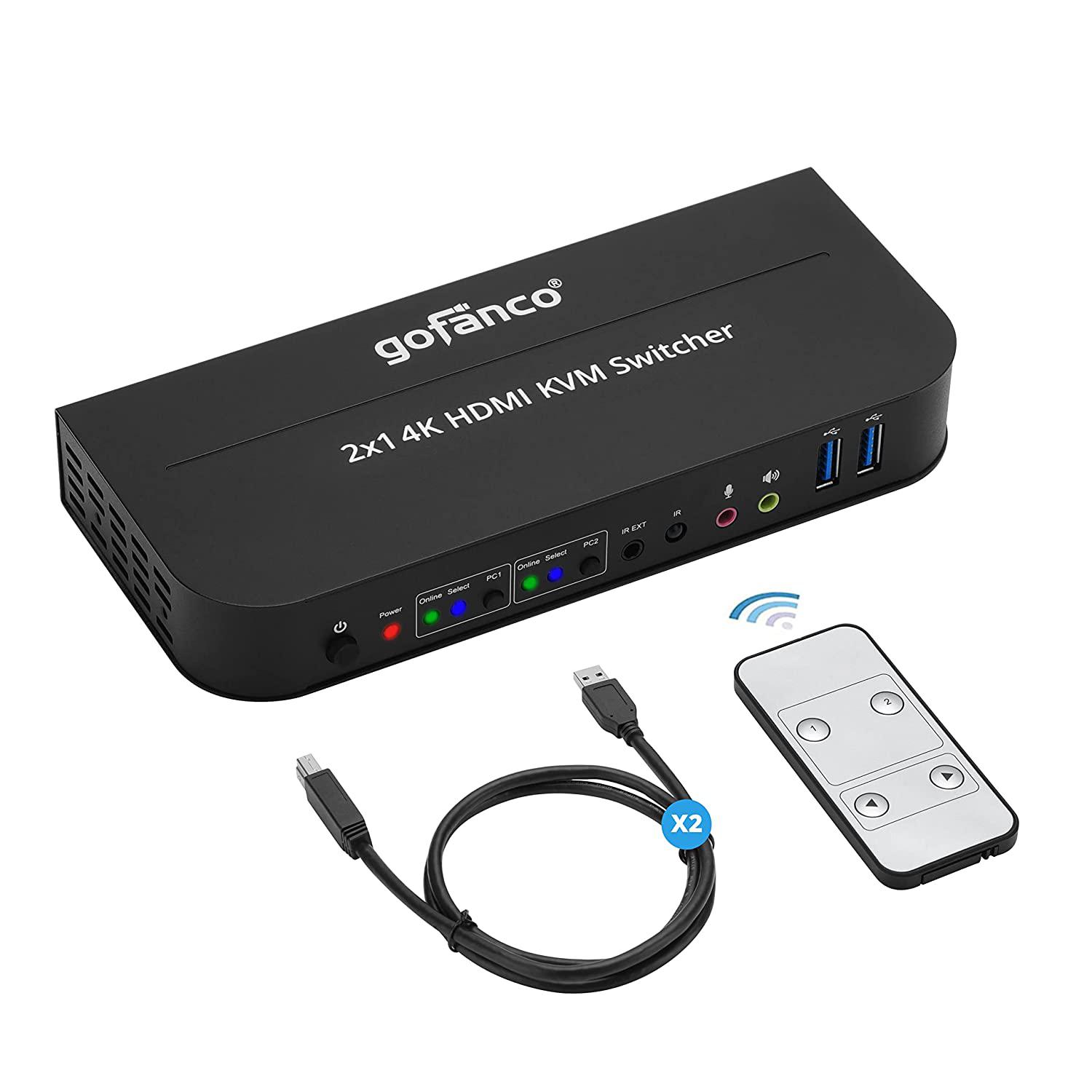 2 Port HDMI KVM Switch with USB 3.0  4K @60Hz 4:4:4, 18Gbps, HDR, 3D, HDCP 2.2/1.4, USB Keyboard/Mouse, USB 3.0 Hub, MIC in, Stereo Out, IR Remote, Hotkeys (KVMHD2-2P)