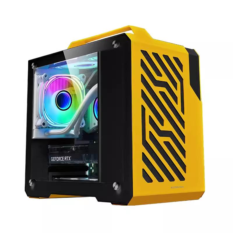 Small Computer Case, Lightweight and Portable Aluminum ITX/MATX Personal Computer Case with Tempered Glass — Yellow