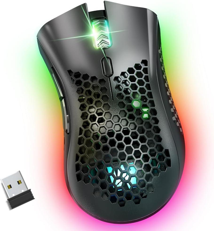 KM-1 Wireless Gaming Mouse, Computer Mice USB Wireless Mouse with Honeycomb Shell, 6 Programmed Buttons, 3 Adjustable DPI, Ergonomic RGB Optical Gamer Mouse for Laptop PC Mac