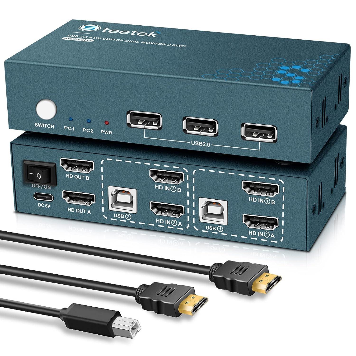 Dual Monitors KVM Switch 2 Port 4K@60Hz, HDMI KVM Switch 2 Monitors 2 Computers with 3 USB 2.0 Hub, Share Keyboard Mouse Printer, Button Switch & Adaptive EDID