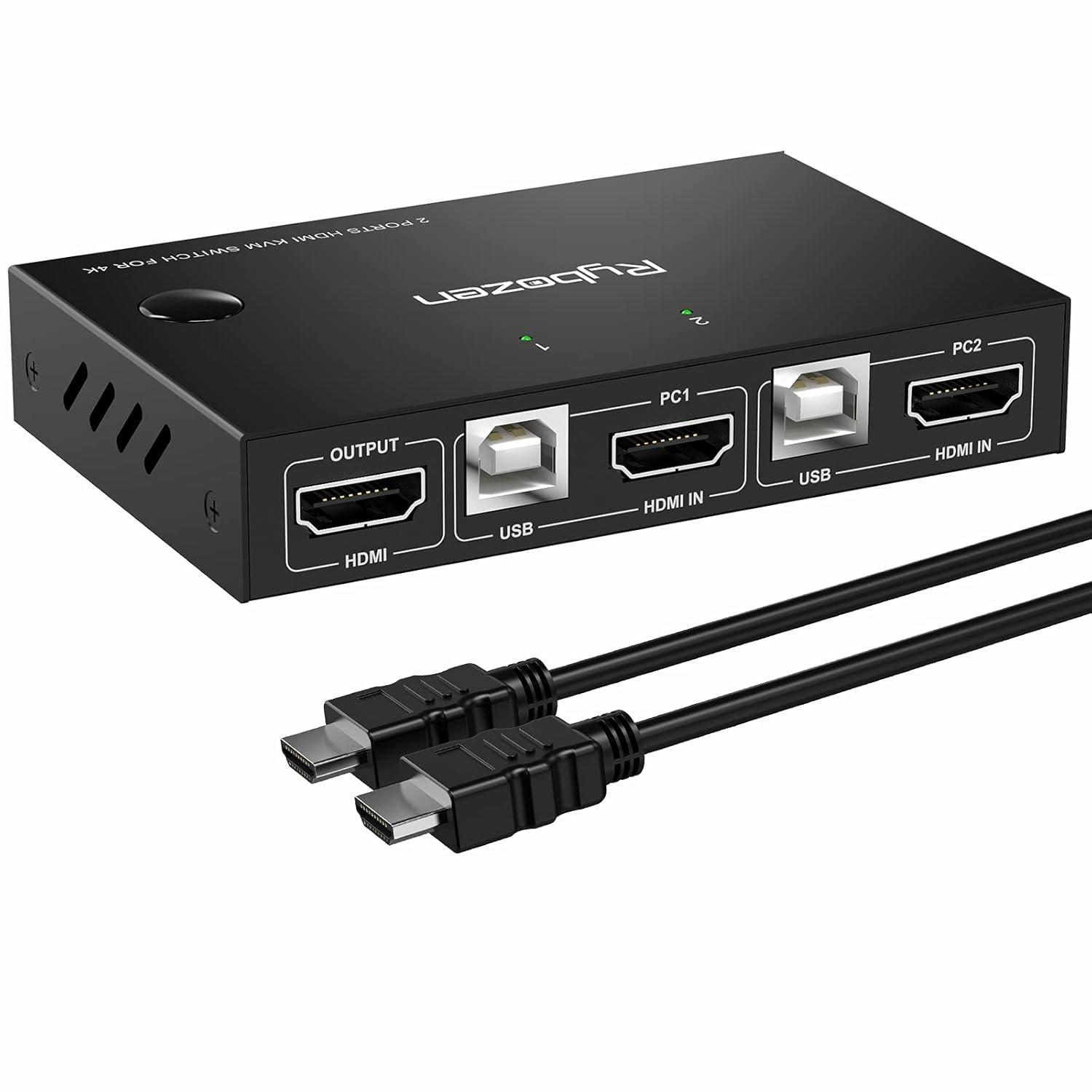 2 Ports KVM Switch HDMI, USB HDMI Switches for 2 Computers Share Wireless Keyboard Mouse and HD Monitor, Support Hotkey Switch and One Button Swapping, HD 4K (3840×2160)