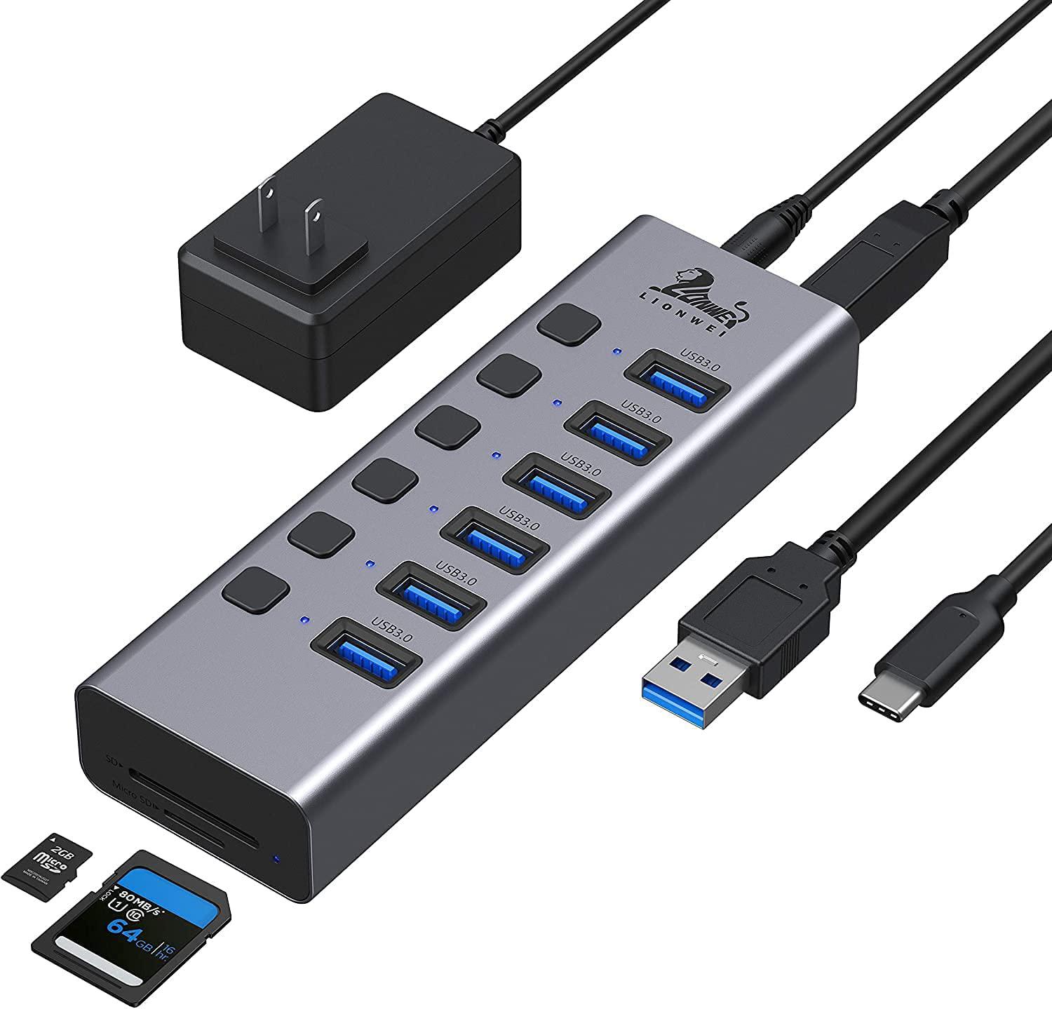Universal 8-Port Powered USB 3.0/USB C Hub, Aluminum USB Splitter with 6 USB 3.0 Data Ports, SD/TF Card Readers, On/Off Power Switches, AC Adapter, for PC, Laptops, MacBook Pro/Air, Surface Pro, HP