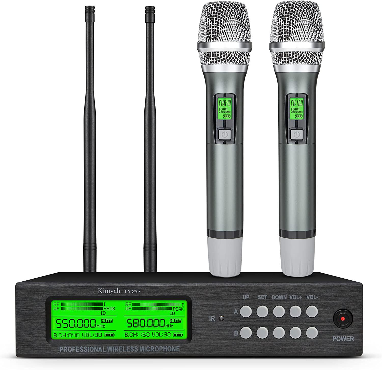 Wireless Microphone System, Kimyah All Metal Dual UHF Cordless Mics of Handheld, 328ft Range, Ideal for Church, Conference and Karaoke, DJ, Wedding(KY-8208)